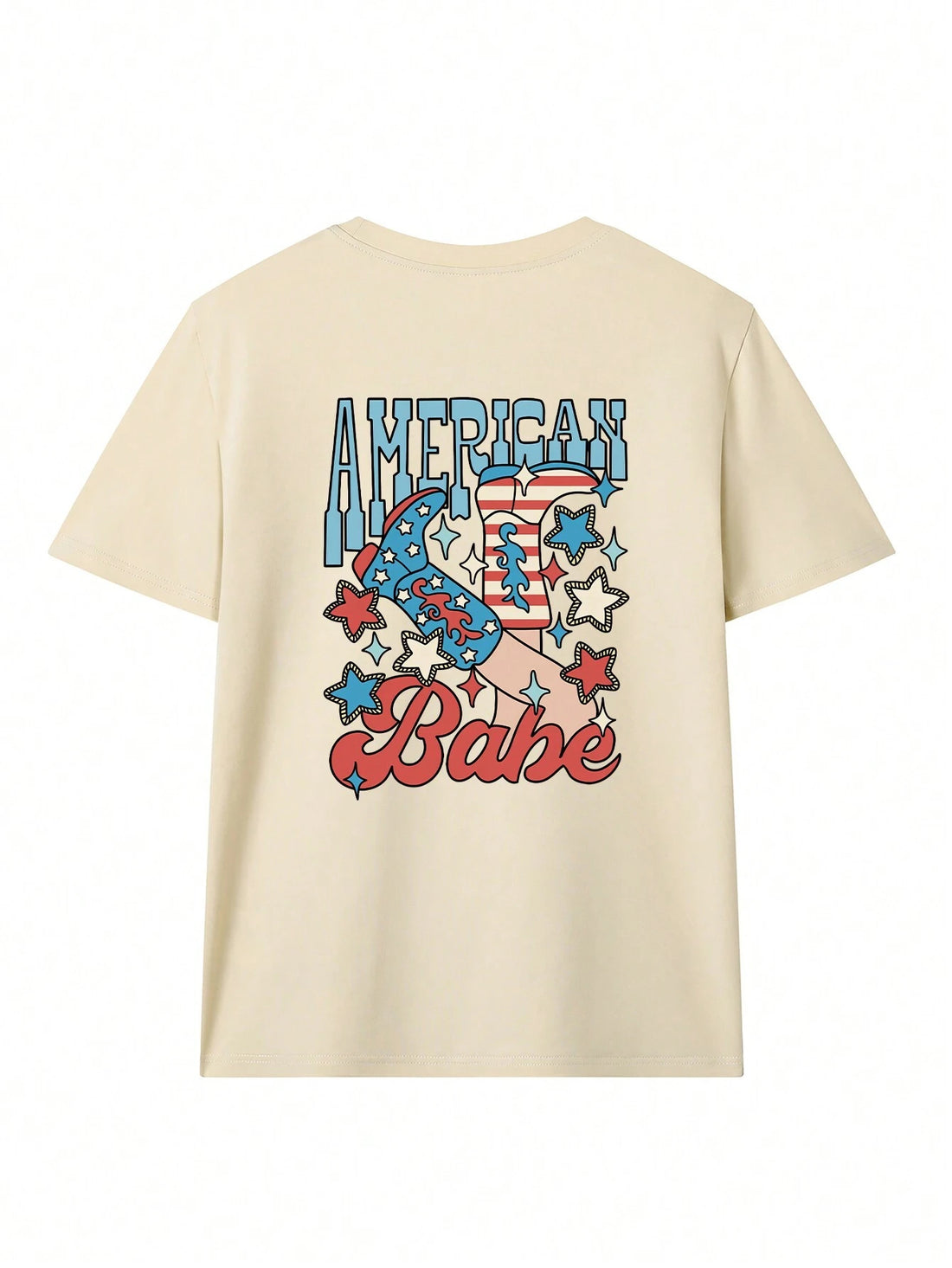 Tan graphic t-shirt with American Babe text and patriotic cowboy boot design.
