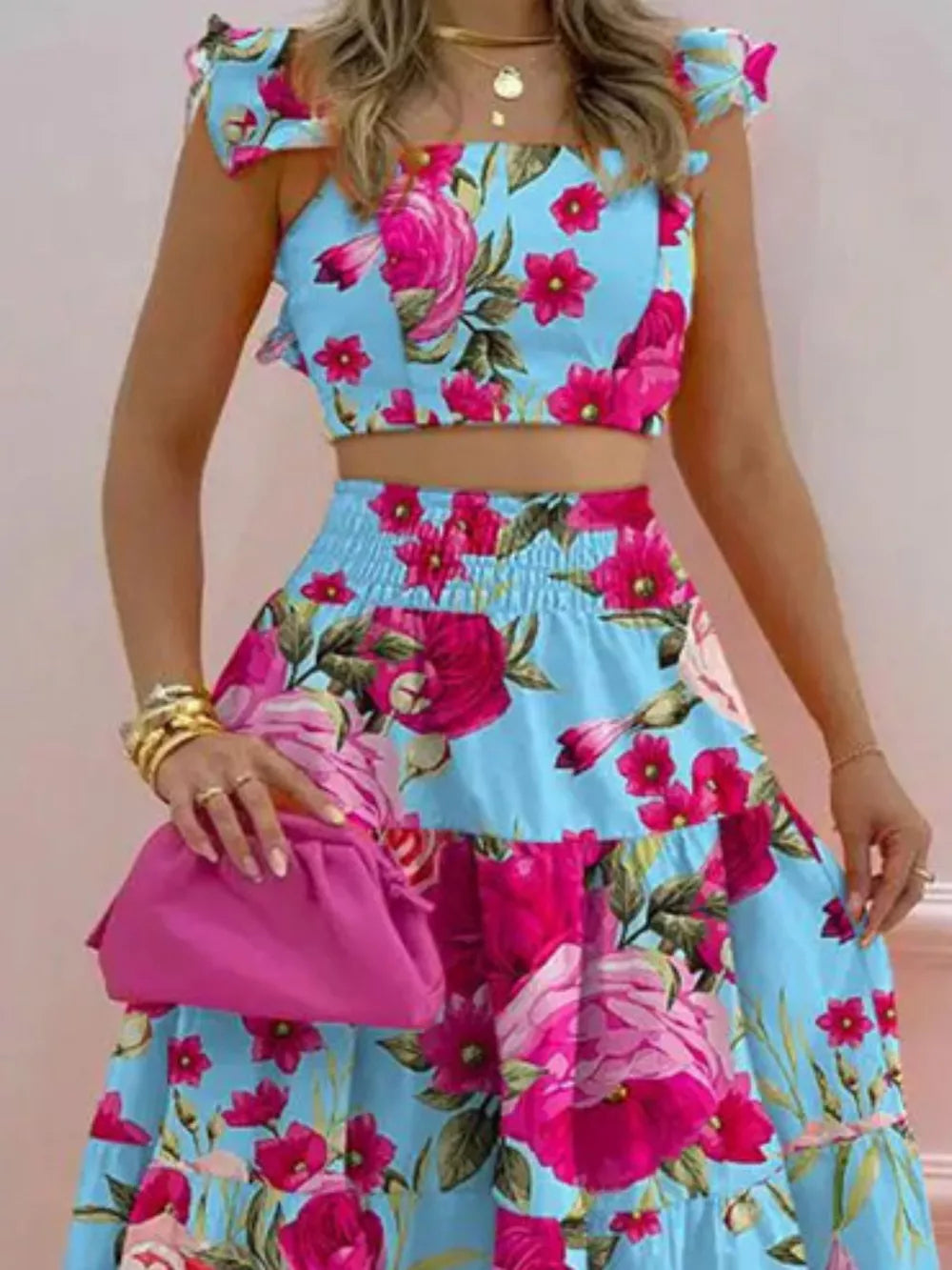 Sky blue floral ruffled crop top and tiered maxi skirt set with smocked waist.
