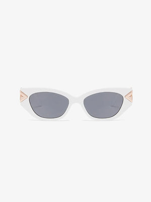 White cat-eye sunglasses with gold geometric accents and grey lenses