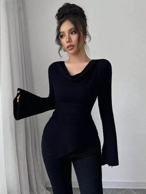 Black ribbed asymmetrical cowl neck top with bell sleeves