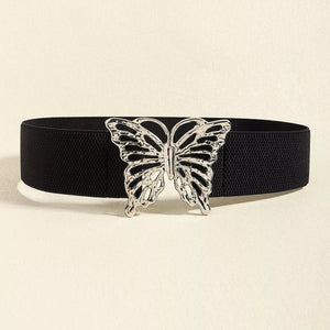 Black elastic belt with a silver butterfly buckle