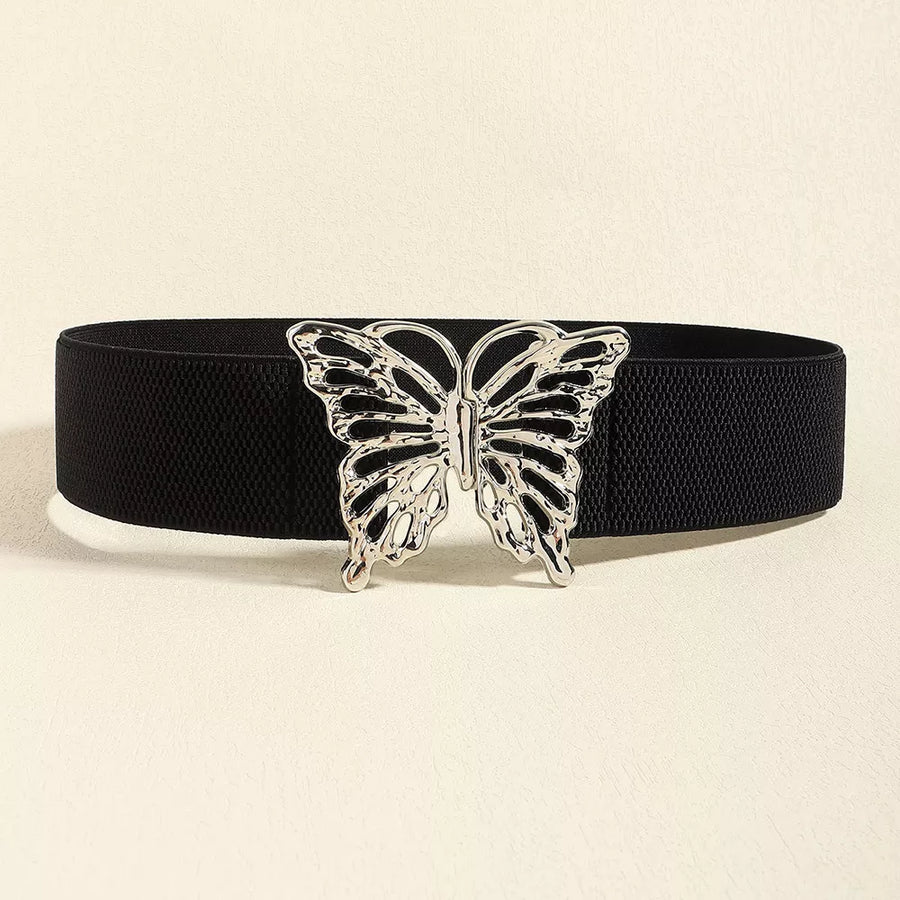 Black elastic belt with a silver butterfly buckle