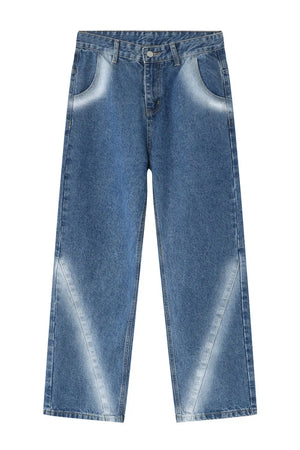 Faded Panel Wide-Leg Jeans in medium wash cotton with diagonal faded panels.