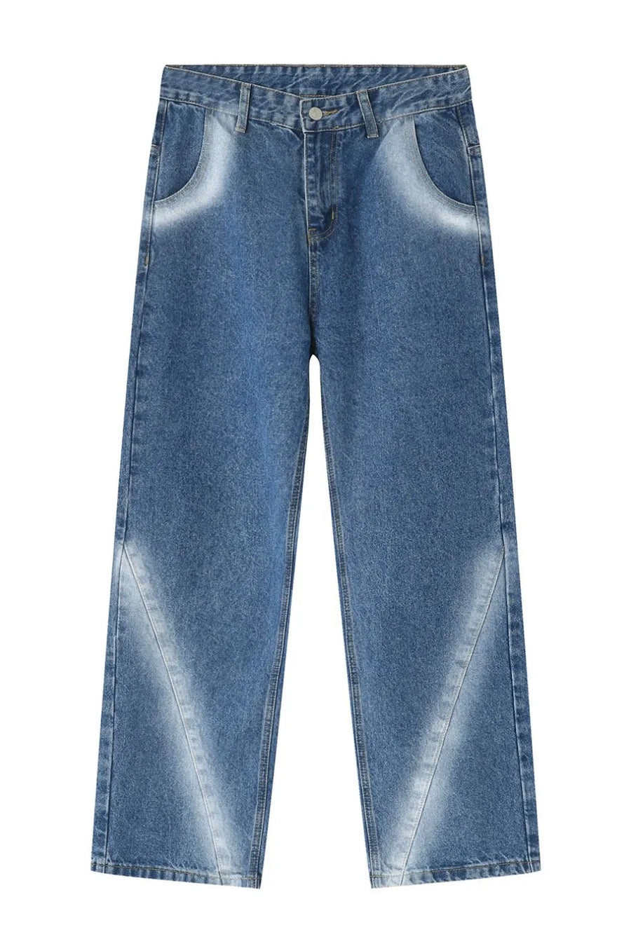 Faded Panel Wide-Leg Jeans in medium wash cotton with diagonal faded panels.