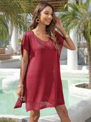 Burgundy perforated knit beach cover-up with V-neck and short sleeves.
