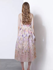 Midi dress in Purple Pink with 3D floral applique and a-line cut.