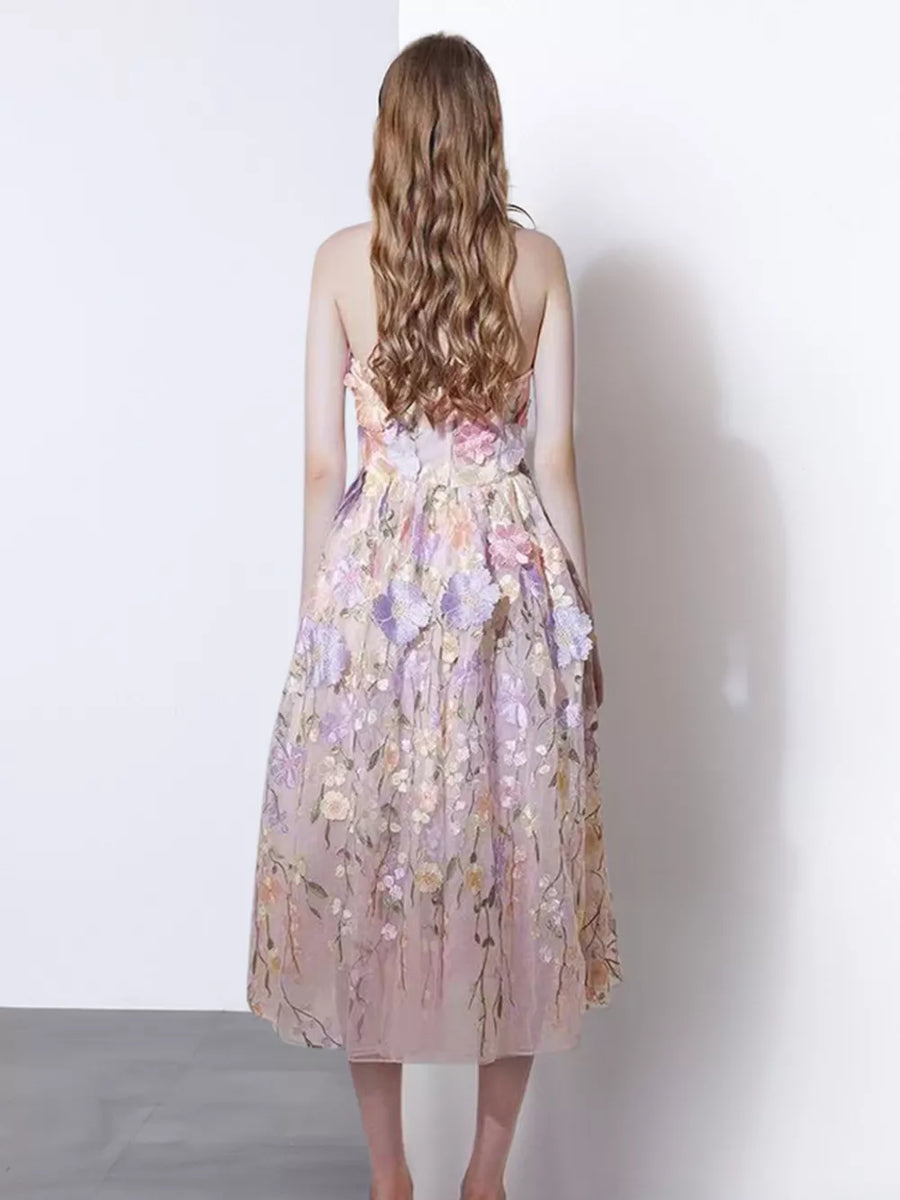Midi dress in Purple Pink with 3D floral applique and a-line cut.