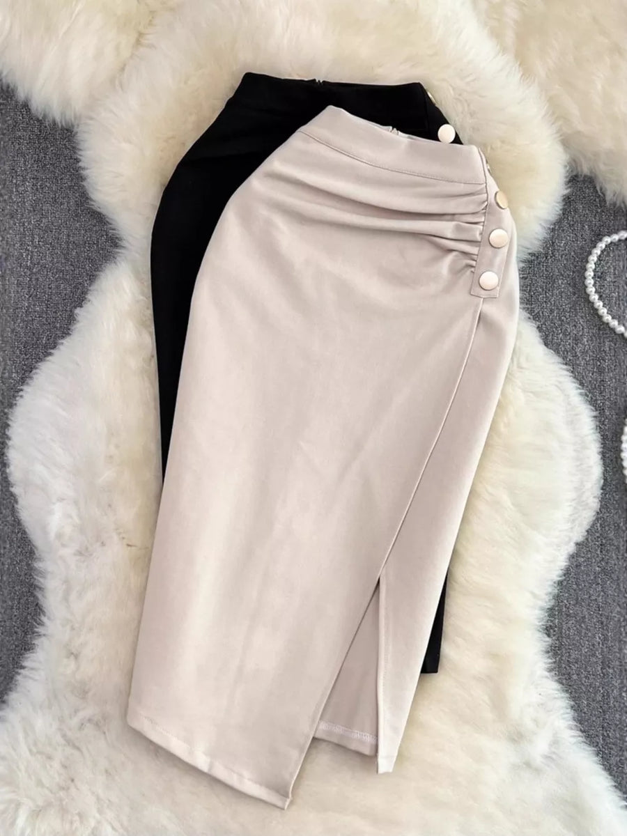 Ruched Slit Skirt in Apricot