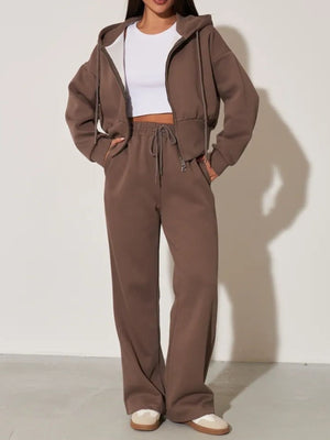 Relaxed Zip-Up Hoodie And Wide-Leg Sweatpants Set in Brown with drawstring