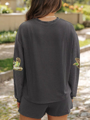 Dark gray ribbed lounge set with sequin patches on sleeves.