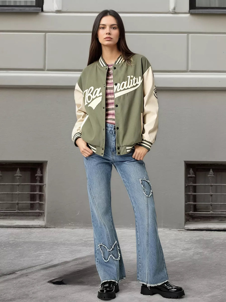 Black with Contrast Baseball Jacket With Embroidered Lettering in Black