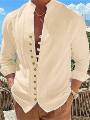 Beige linen shirt with mandarin collar and button placket, long sleeves.