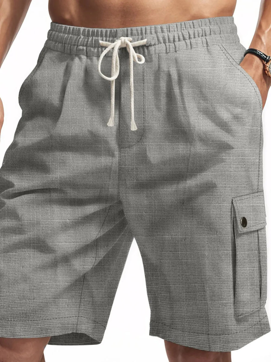 Gray textured cargo drawstring shorts with elastic waist and side pocket detail.