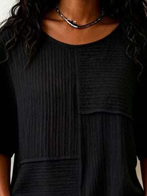 Full Size Texture Round Neck Half Sleeve Blouse in White