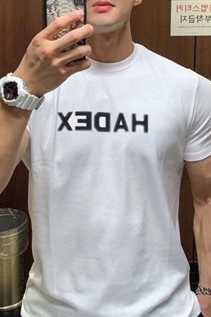 White crewneck t-shirt with reversed black graphic text, short sleeves