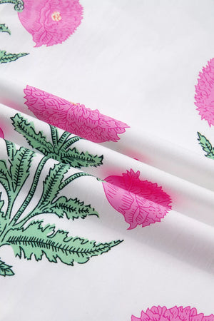 Vibrant floral mini dress with pink flowers and green leaves on white fabric.