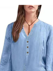 Lake Blue long-sleeve blouse with V-neck and button detail