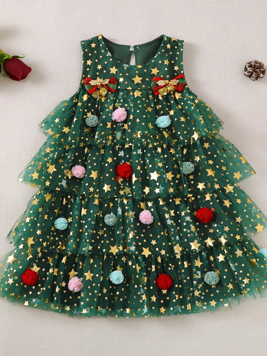 Green star print tulle dress with pom-poms and bows