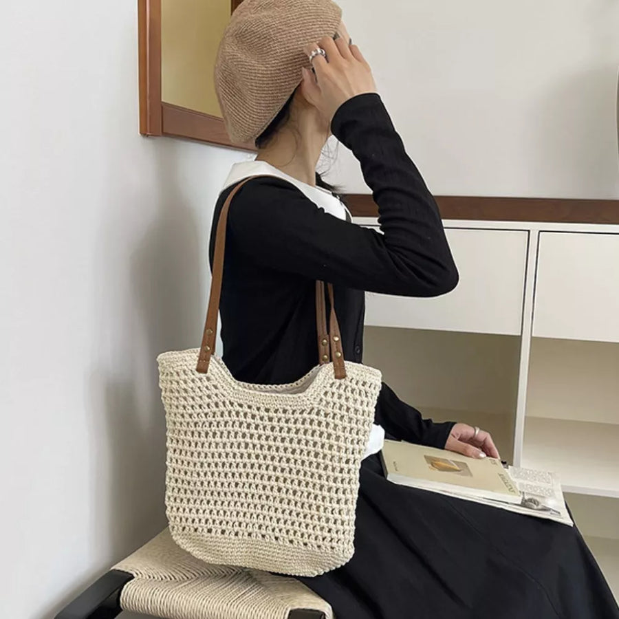 Cream White with Crochet Knit Shoulder Bag in Cream White