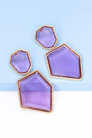 Resin facet drop earrings with gold trim in purple, featuring irregular geometric shapes.