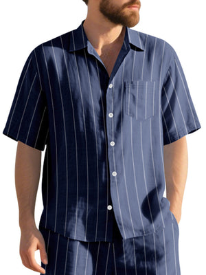 Navy blue striped cotton camp collar shirt with button-down front and chest pocket.