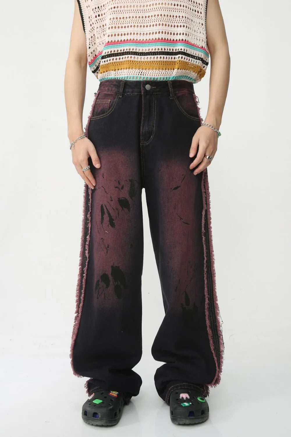 Distressed wide-leg jeans in mocha with frayed trim and tie-dye effect