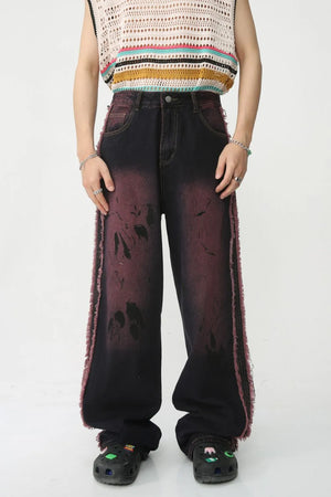 Distressed wide-leg jeans in mocha with frayed trim and tie-dye effect