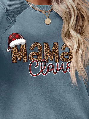 Crewneck sweatshirt in Misty Blue with leopard print "Mama" and plaid "Claus" text, featuring a Santa hat detail.