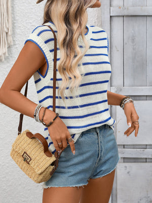 Blue and white striped knit sweater vest with a round neckline.