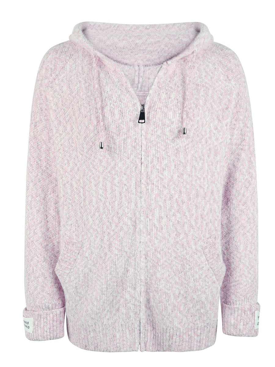 Dusty pink textured knit zip-up cardigan with hoodie and logo detail on cuff