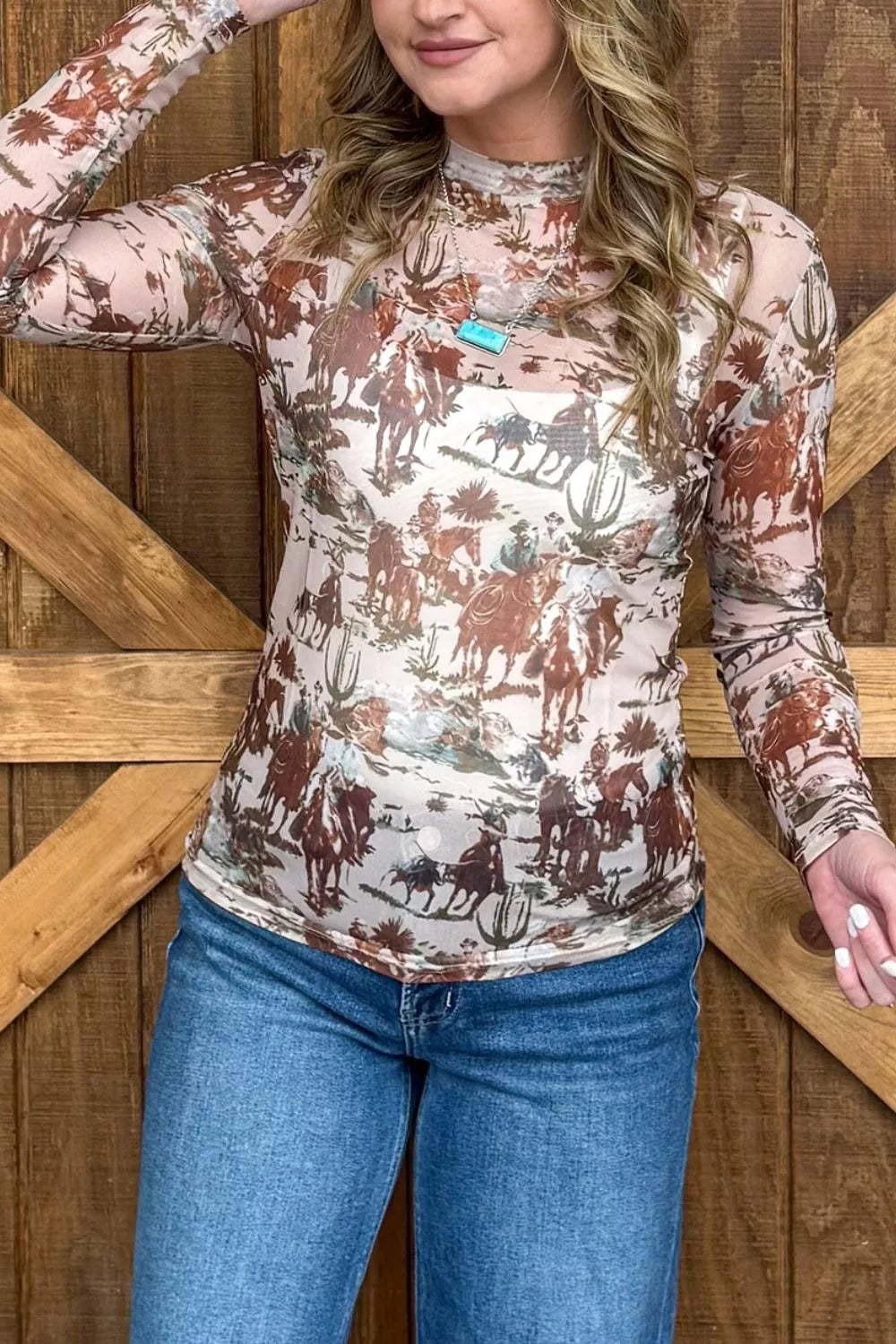 saddle brown blouse featuring mesh and western scene print