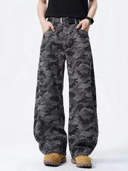 Men's relaxed fit cargo pants in dark grey camouflage pattern with wide legs.