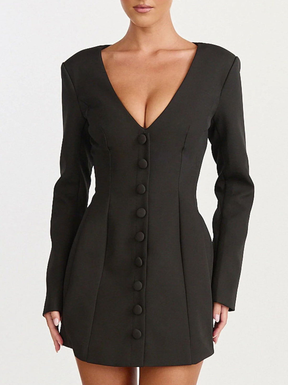 modern blazer dress in Black with deep v-neck