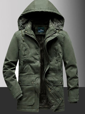 Men's military green fleece lined hooded coat with multiple pockets and fur trim.
