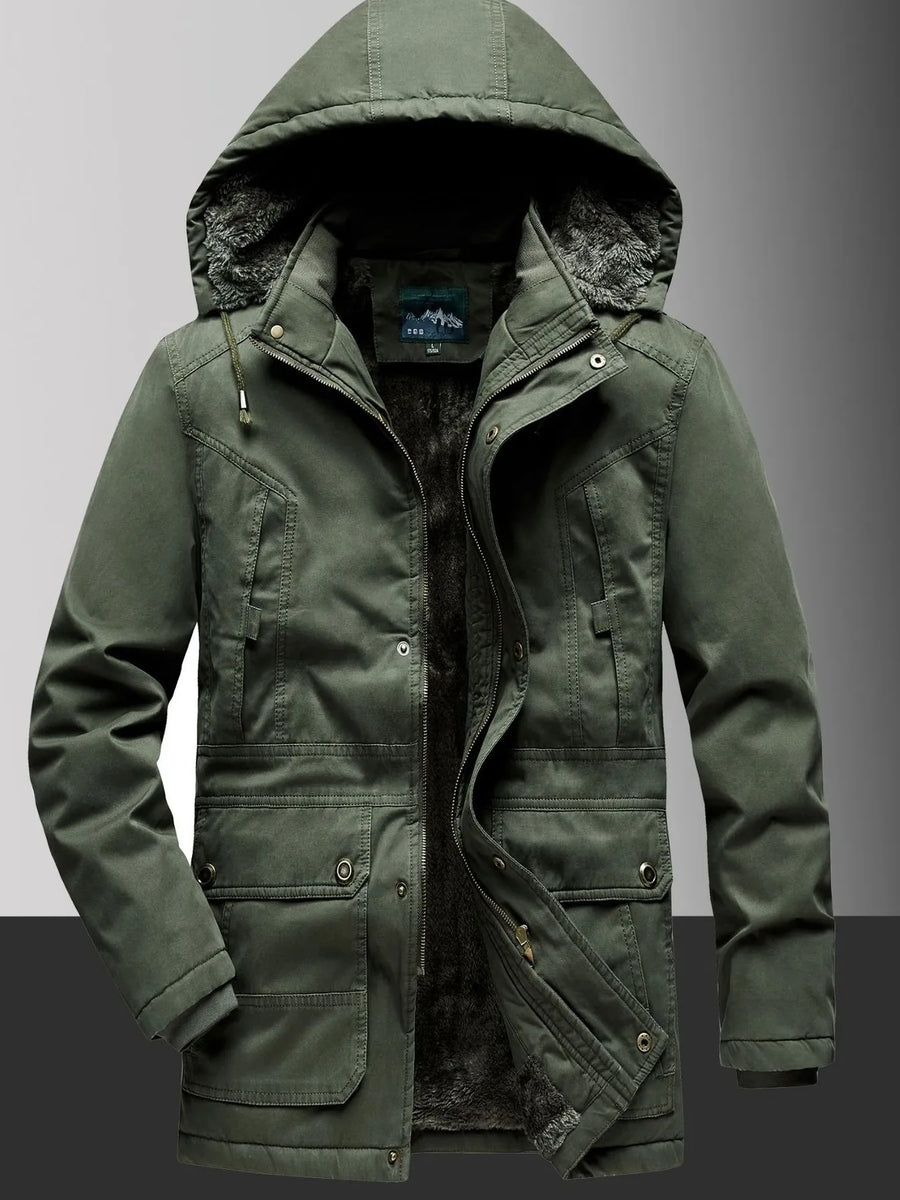 Men's military green fleece lined hooded coat with multiple pockets and fur trim.