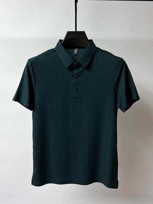 Textured ribbed polo shirt in Black Forest with buttoned placket and short sleeves.