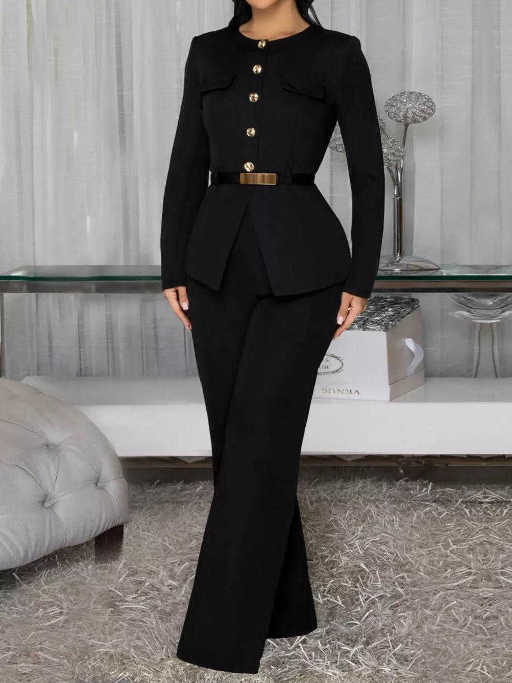 black pants set with hip-length and button-front