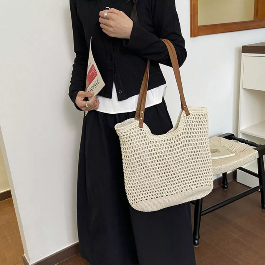 Crochet Knit Shoulder Bag in Cream White