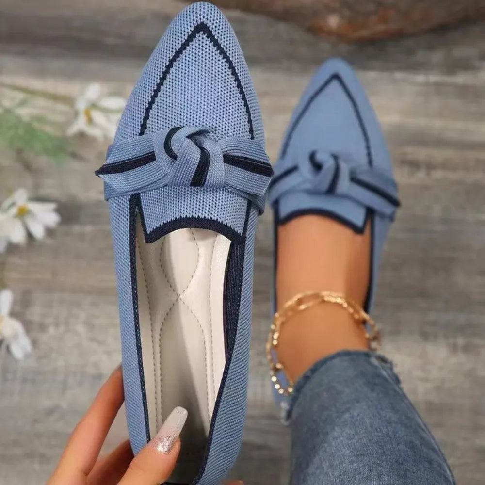 Dusty Blue knit bow loafers with contrast trim and pointed toe.