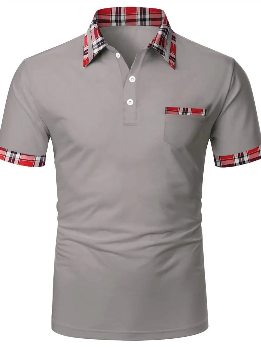 Gray polo shirt with plaid trim on collar, pocket, and sleeves.