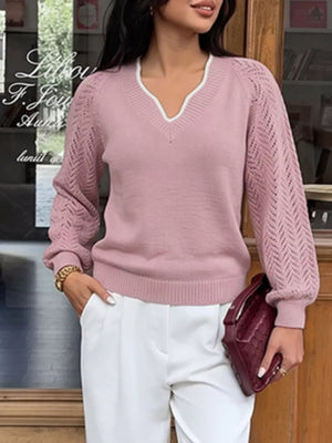 V-neck Openwork Long Sleeve Sweater option 4