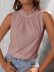 Dusty Pink ruffled eyelet back-tie tank top.