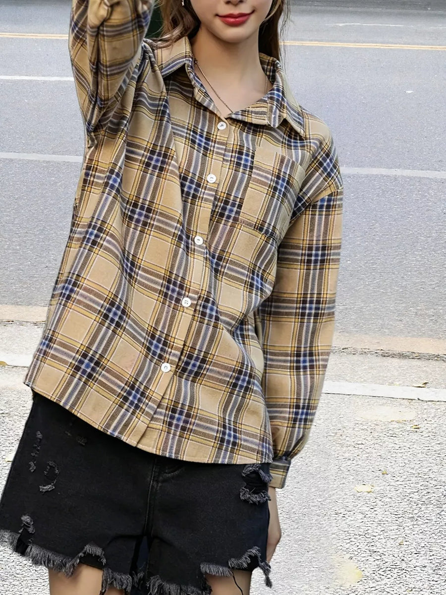 Khaki Plaid Button Up Long Sleeve Shirt