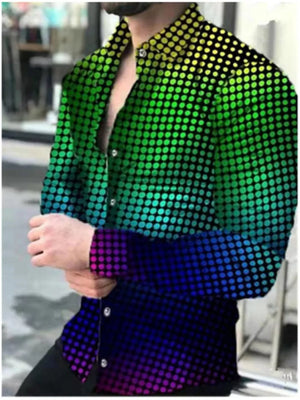 Cosmic print button-down shirt with a gradient of green, yellow, and blue dots.