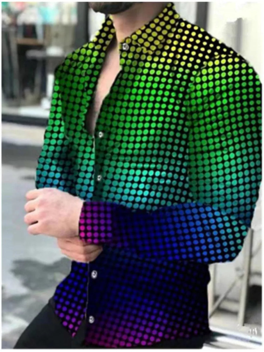 Cosmic print button-down shirt with a gradient of green, yellow, and blue dots.