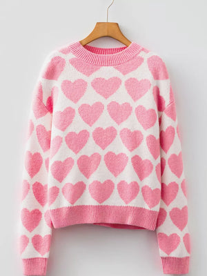 Charming Heart Pattern Knit Sweater in blush pink and white acrylic with crew neck.