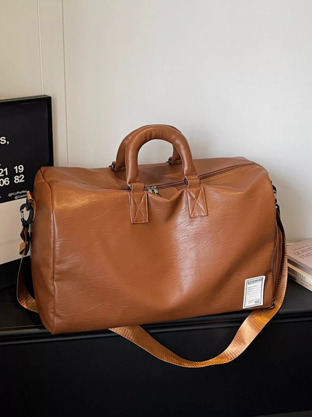 Brown pu leather travel organizer bag with top handles and detachable strap