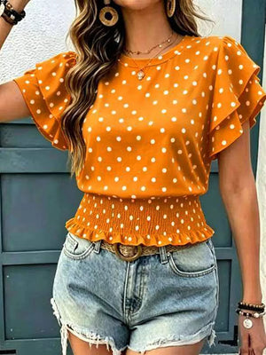 Polka Dot Ruffle Sleeve Blouse in Navy