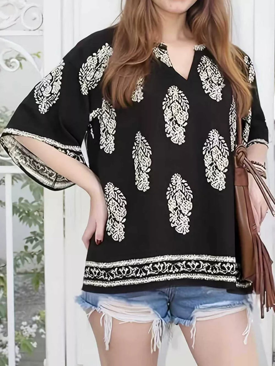 Black Printed Notched 3/4 Sleeve Blouse
