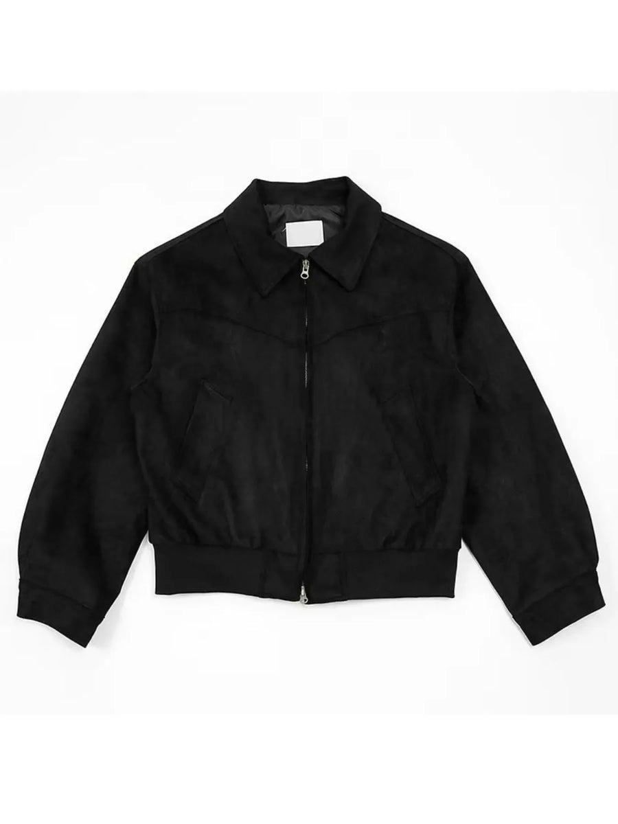 Black suede zip-up casual jacket with collar and elastic cuffs.
